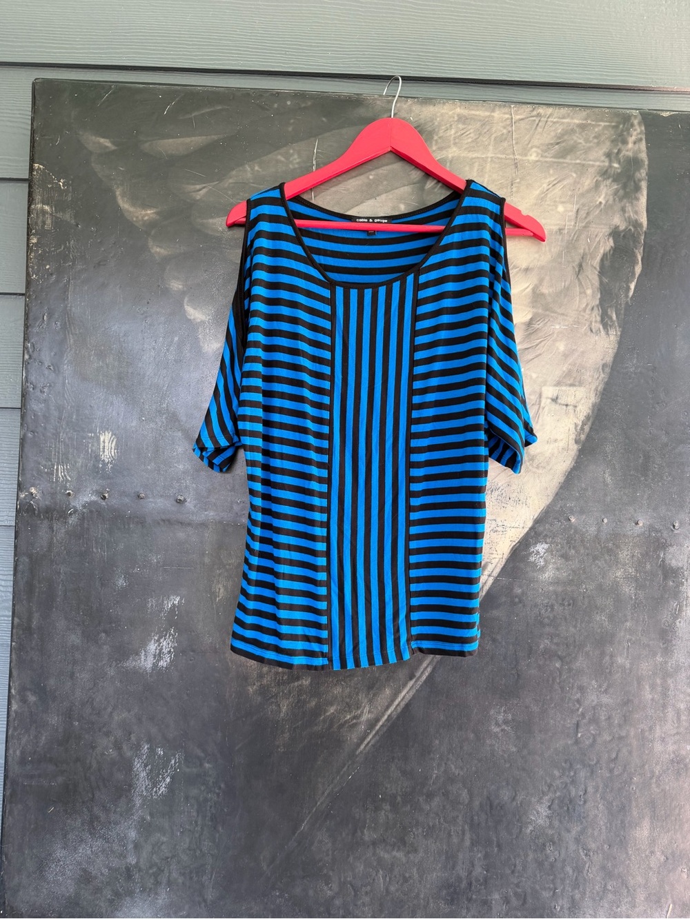 Blue and Black Striped Cold-Shoulder Women's Top